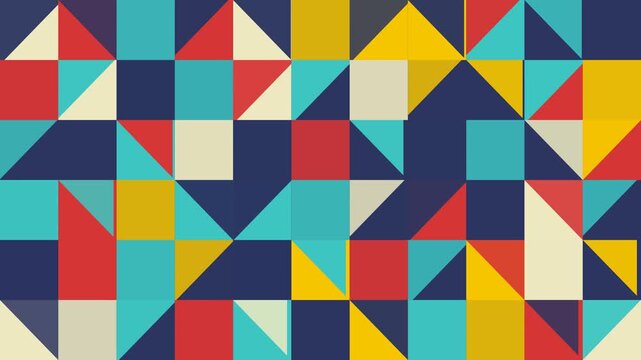 Vibrant abstract geometric pattern with a cheerful retro aesthetic, featuring a dynamic mosaic of colorful triangles and squares creating an engaging and playful background design