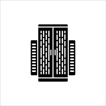 Data center server rack tower icon with infrastructure computing hardware