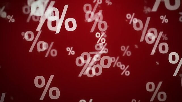 White percentage symbols float and scatter against a dark red background