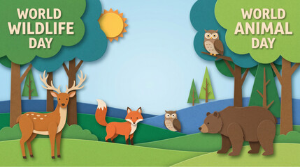 Fototapeta premium World Wildlife Day and World Animal Day concept illustration with forest animals in paper cut style.
