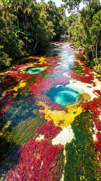 Ca&ntilde;o Cristales Colombia liquid rainbow river Macarenia clavigera red yellow blue aquatic plants fine art