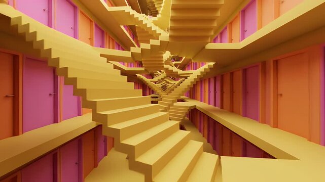 Escher-esque yellow staircase with vibrant pink and orange doors receding