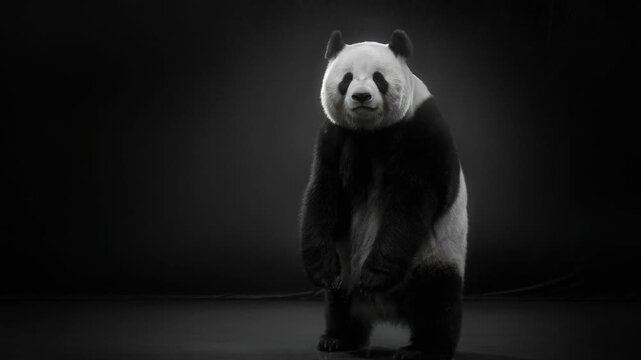 Majestic panda standing upright gracefully in a dark minimalistic studio setting