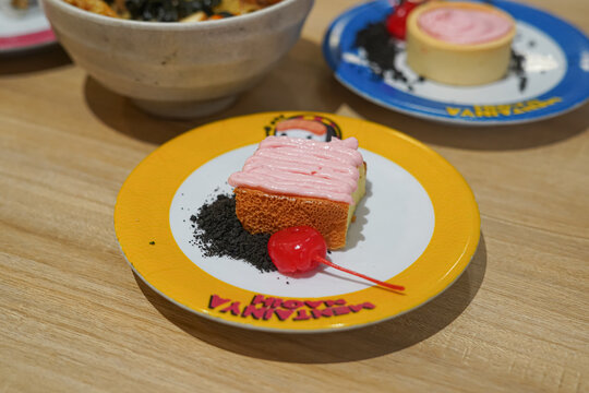 Delicious sweet sponge cake dessert with pink cream. May 1, 2025, in Sukoharjo, Indonesia
