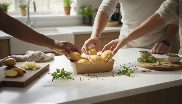 Friends sharing golden savory pasties in a warm kitchen