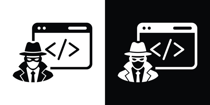 Cyber criminal hacking code concept vector illustration. Hacker character in front of programming script window icon.