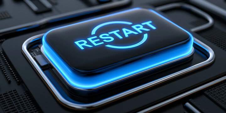 blue glowing restart button on metallic background, neon power restart switch technology concept, futuristic blue reboot button