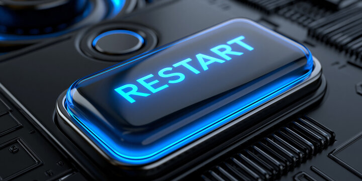 blue glowing restart button on metallic background, neon power restart switch technology concept, futuristic blue reboot button