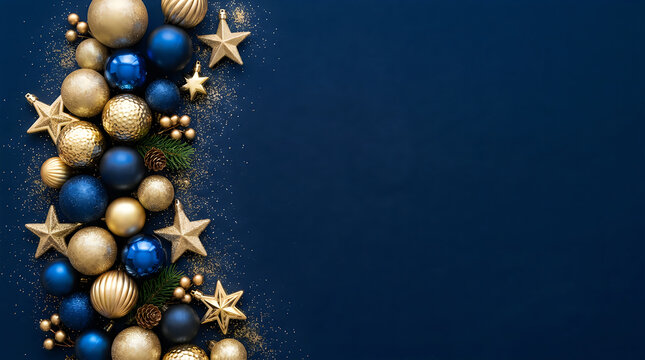 Luxury christmas decorations with golden stars and blue ornaments side border