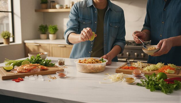 Friends sharing king prawn pad thai in kitchen