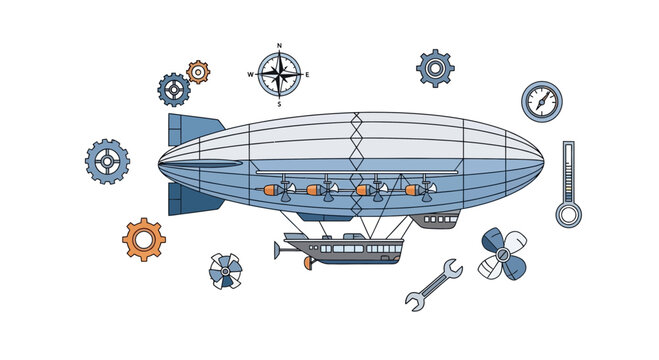 steampunk airship with mechanical tools and gadgets