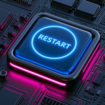 blue glowing restart button on metallic background, neon power restart switch technology concept, futuristic blue reboot button