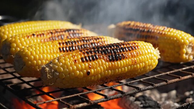 Grilled corn on cob cooking over flames on a grill.