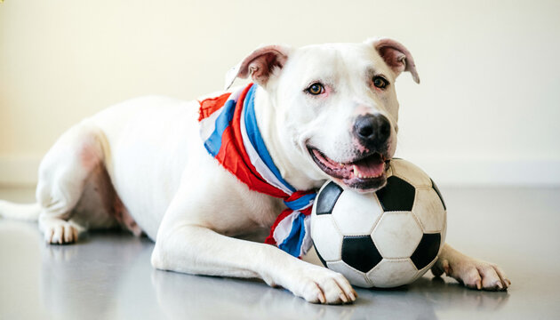 Happy white pitbull dog wearing generic tricolor sports scarf resting chin on classic soccer ball