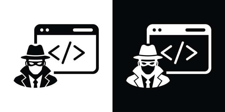 Cyber criminal hacking code concept vector illustration. Hacker character in front of programming script window icon.