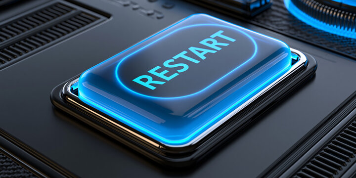 blue glowing restart button on metallic background, neon power restart switch technology concept, futuristic blue reboot button