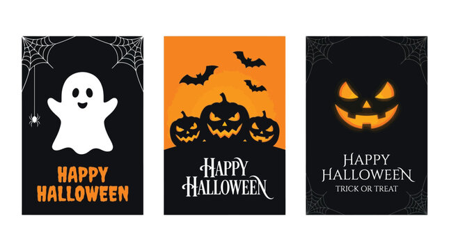 Set of three festive halloween vector illustrations featuring spooky ghosts pumpkins and glowing jack o lanterns