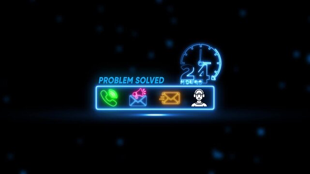 24/7 customer support neon sign animation: problem solved business concept