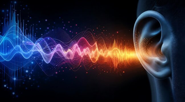 Digital sound waves conceptual visualization entering human ear anatomy