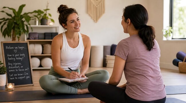 Female yoga instructor conducting health consultation with client in bright studio