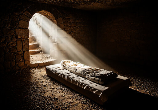 Bright morning sunlight rays shining into empty stone tomb cave with folded linen clothes on slab for traditional christian happy easter resurrection holiday religious celebration background