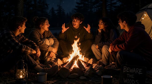 Group of friends camping telling ghost stories around a campfire at night