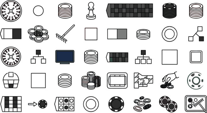 Casino Table Games and Board Game Strategy Icon Set with Roulette Wheels, Poker Chips, Chess Pawns, and Diagram Elements for Vector Design