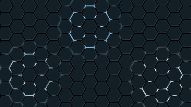 Dark hexagonal honeycomb pattern background animation, Hexagonal honeycomb pattern with three highlighted clusters and subtle glossy reflections