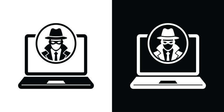 computer security breach concept vector. Hacker or spy icon overlaying a laptop screen in black and white styles.