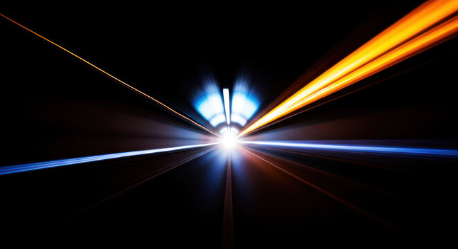 A bright, intense light beam shoots through a dark tunnel. Multiple colored light rays converge towards a central point of brilliant white light.