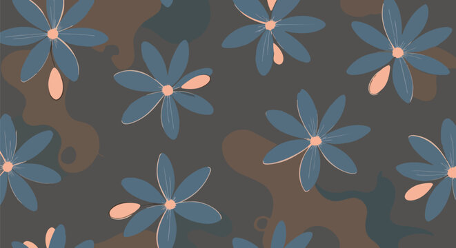 Floral camouflage pattern, military green background, blue flowers, vector design