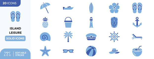 Naklejka premium Island Leisure icon set. Containing flip flops, beach umbrella, surfboard, pineapple, bucket, hibiscus flower, lighthouse, anchor, ship wheel, and more. Editable stroke. Vector illustration.