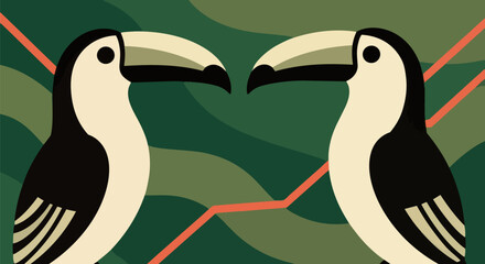 Obraz premium Toucan, colorful toucans, tropical birds, green background, vector illustration