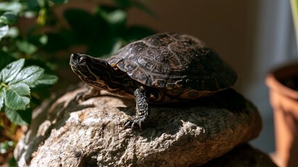 Fototapeta premium A gentle turtle peacefully basks on a rock within a cozy home illuminated by filtering sunlight