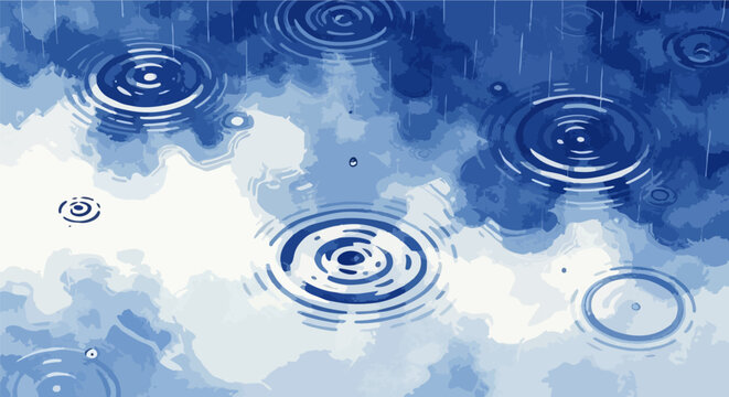 Rainy day background, water ripples, blue cloudy sky, rainy weather vector