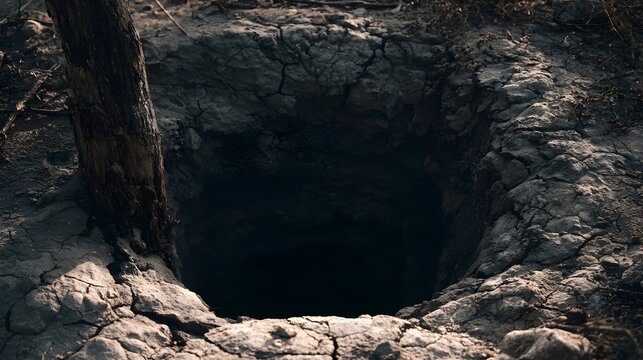 A desolate abandoned well under the harsh sun displays deep cracked patterns and weathered textures