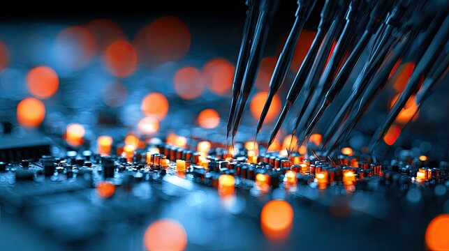 Fine needle probes touch glowing electronic components on circuit board
