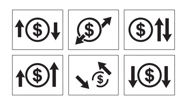Financial Growth and Decline Icons Set with Dollar Sign and Arrows