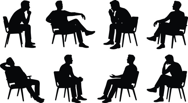 Seated People Silhouette Collection with Thinking Conversation and Relaxing Poses