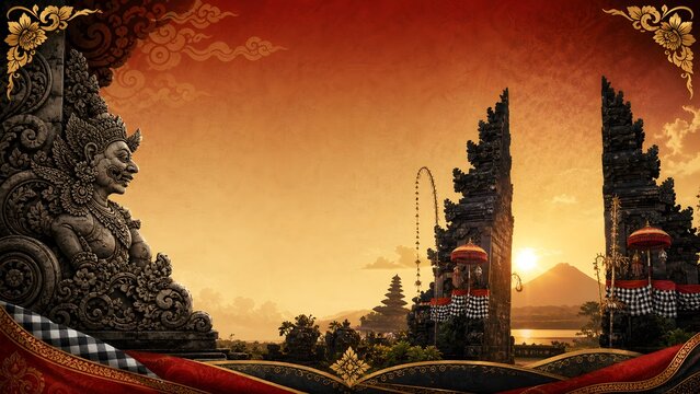 Balinese Temple Gate Stone Carving Statue Sunset Culture Background Banner