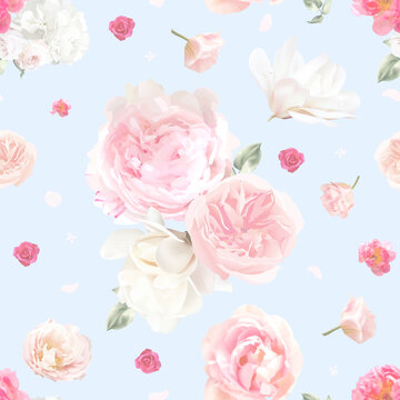 Blue floral with pink rose, white hydrangea, ranunculus, tulips, peony seamless vector floral pattern. Tileable print with flowers for a baby nursery. Flower watercolor backdrop. Elements are Isolated