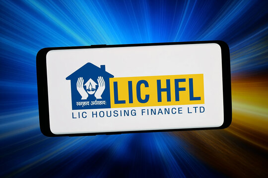 Stuttgart, Germany - 06-12-2026: In this photo illustration, the logo of company LIC Housing Finance Limited (LIC HFL) is displayed on a smartphone in front of abstract background on computer screen.