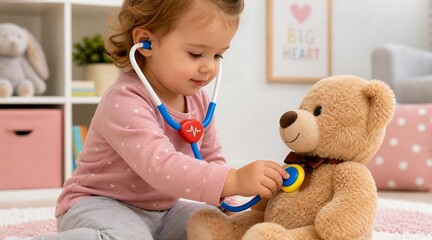 Toddler girl playing doctor with a teddy bear using a toy stethoscope