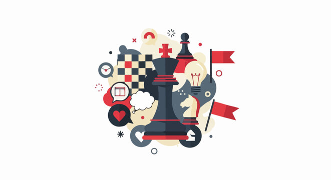 Business Strategy and Leadership Concept Illustration with Chess Pieces and Creative Icons