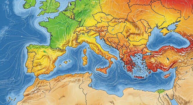 Overhead View of Europe and Mediterranean Sea with Temperature Gradient and Ocean Currents, Showing