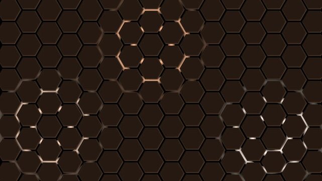 Dark hexagonal honeycomb pattern background animation, Hexagonal honeycomb pattern with three highlighted clusters and subtle glossy reflections