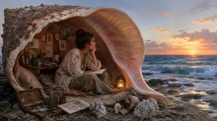 Woman artist inside giant seashell on beach watching ocean sunset, surreal fantasy concept.