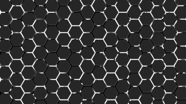 Hexagonal tiles with glossy highlights and shadowed edges, Dark hexagonal honeycomb pattern background animation