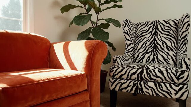 Cozy living room with orange couch, zebra chair, and plant