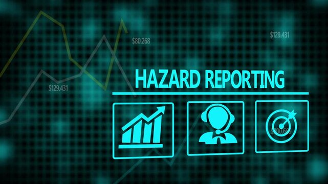 A Hazard Reporting business concept on a flashing computer monitor with moving graphs and data.